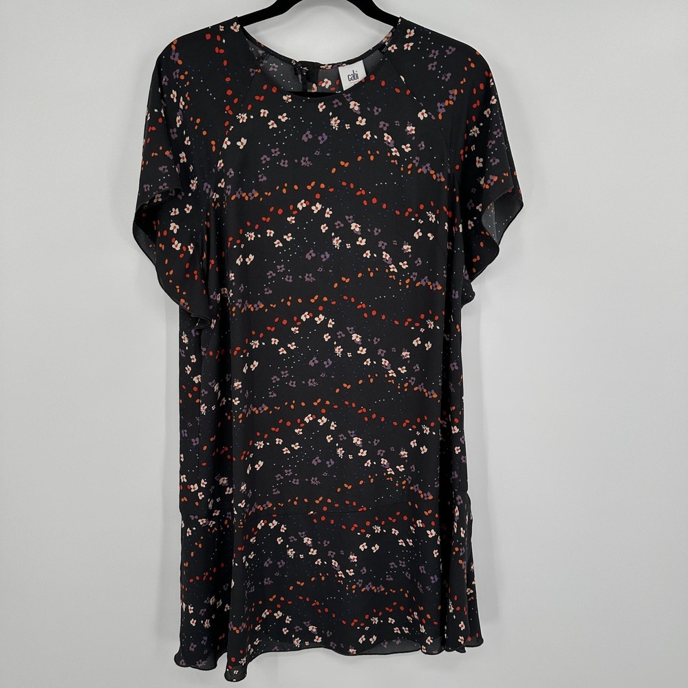 Cabi Dress Womens Small Black‎ Floral Confetti Shift Short Sleeve Style 3063
